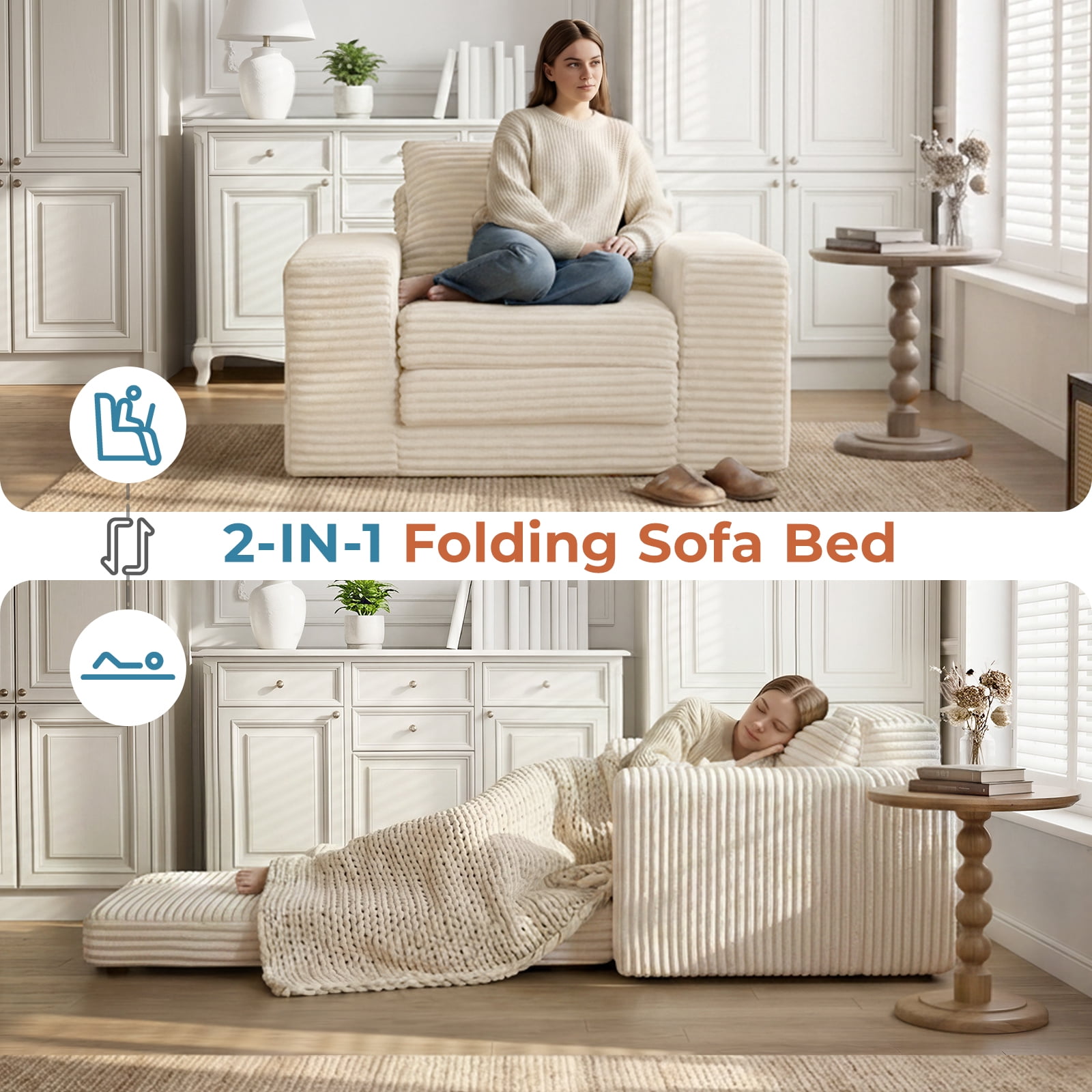 Single Pull Out Folding Sofa Bed, Corduroy Convertible Sleeper Couch with High Density Memory Foam & Pillow, 75.6" Sleeping Surface Space Saving Sofa for Dorm Apartment Guest Room