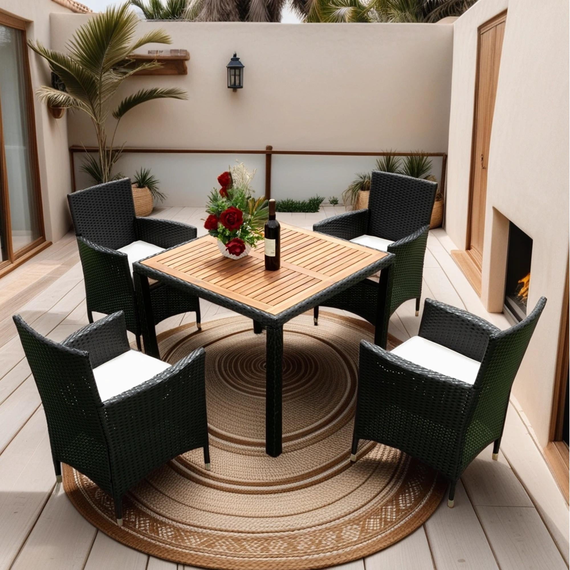 Seizeen Outdoor Dining Table Set 5 Pieces, Patio Rattan Dining Table & Chair w/ Wooden Top & Padded Cushions, Deck Furniture Conversation Set for Garden Porch Backyard