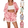 thumbnail image 3 of Suagox Women's Summer Loungewear Set, Fashion Print Short Sleeve Lapel Button T-Shirt with Ric Rac Trim Shorts Sleepwear, 3 of 10