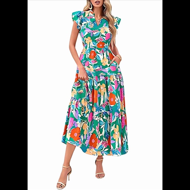 Vestido Midi Estampado con Escote en V, Mangas Plisadas y Volantes, Imagen 3 XXL