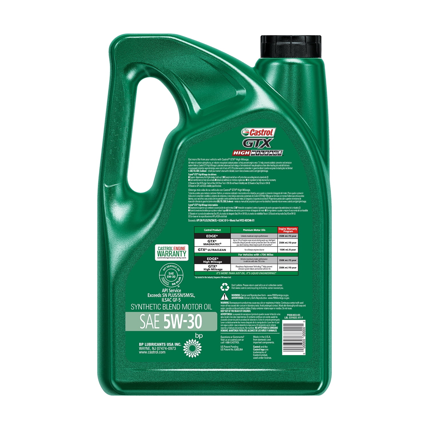 Castrol GTX High Mileage 5W-30 Synthetic Blend Motor Oil, 5 Quarts -  Walmart.com