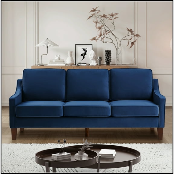 Modern 3 Piece seat Sofa Couch with Scooped Armrest/Wood legs,Upholstered Velvet 3-seat Sofa