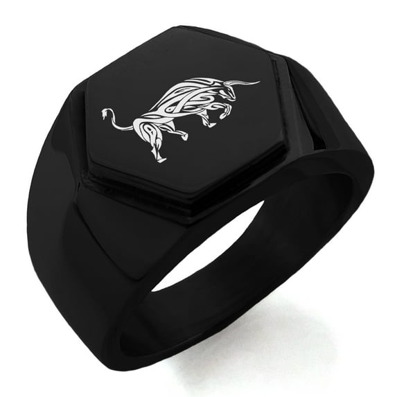 Stainless Steel Celtic Bull Rune Engraved Hexagon Crest Flat Top Biker Style Polished Ring