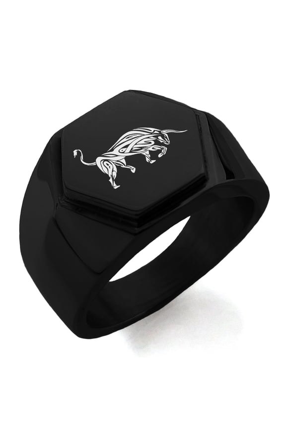 Stainless Steel Celtic Bull Rune Engraved Hexagon Crest Flat Top Biker Style Polished Ring
