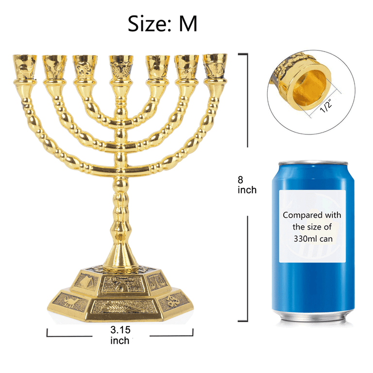Gold 8-Inch 7-Branch Menorah with 12 Tribes Symbols photo 2