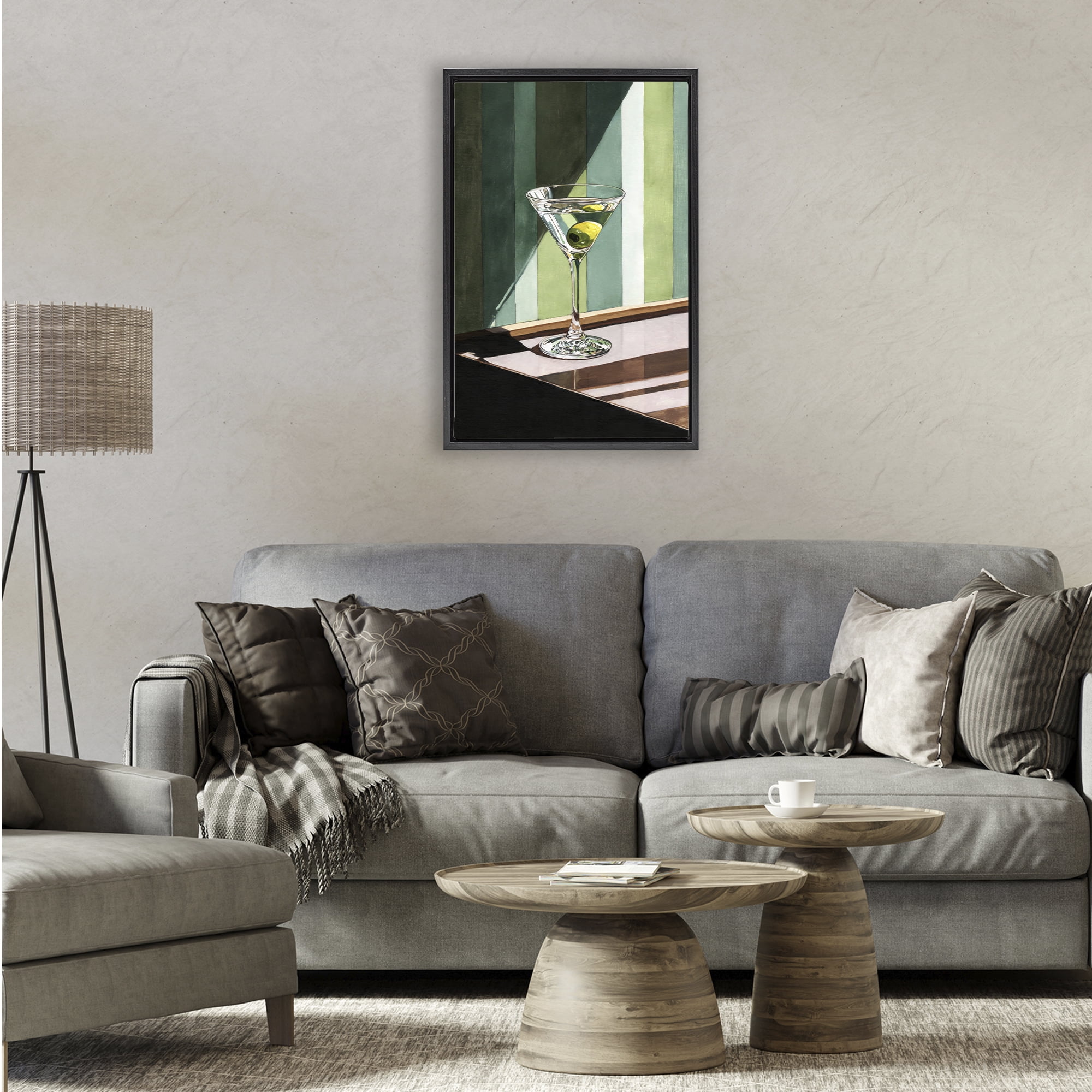 Stupell Industries Olive Martini in Sun Beam Black Framed Floater Canvas Wall Art, design by Petal Prints Design