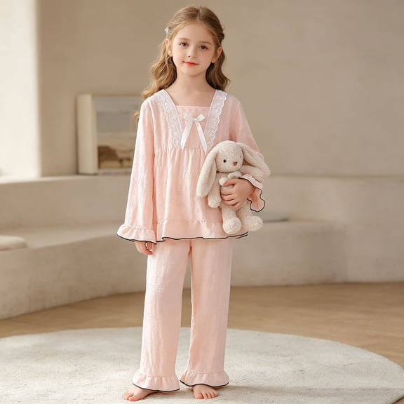 BOOMNY Toddler Girls 2 Peice Pajamas Sets Solid Long Sleeve Sleepwear Tops Pants Pjs Set for Kids Cozy Loungewear Homewear