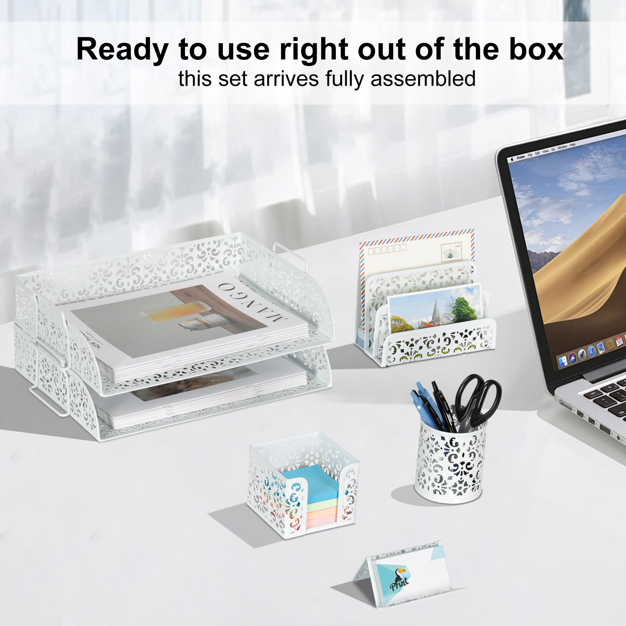 Desk Organizers And Accessories 5 Pieces Office Supplies Set - 2 Tier Paper Tray  Pencil Organizer For Mail Sorter Countertop Business Card Holder Sticky Note White