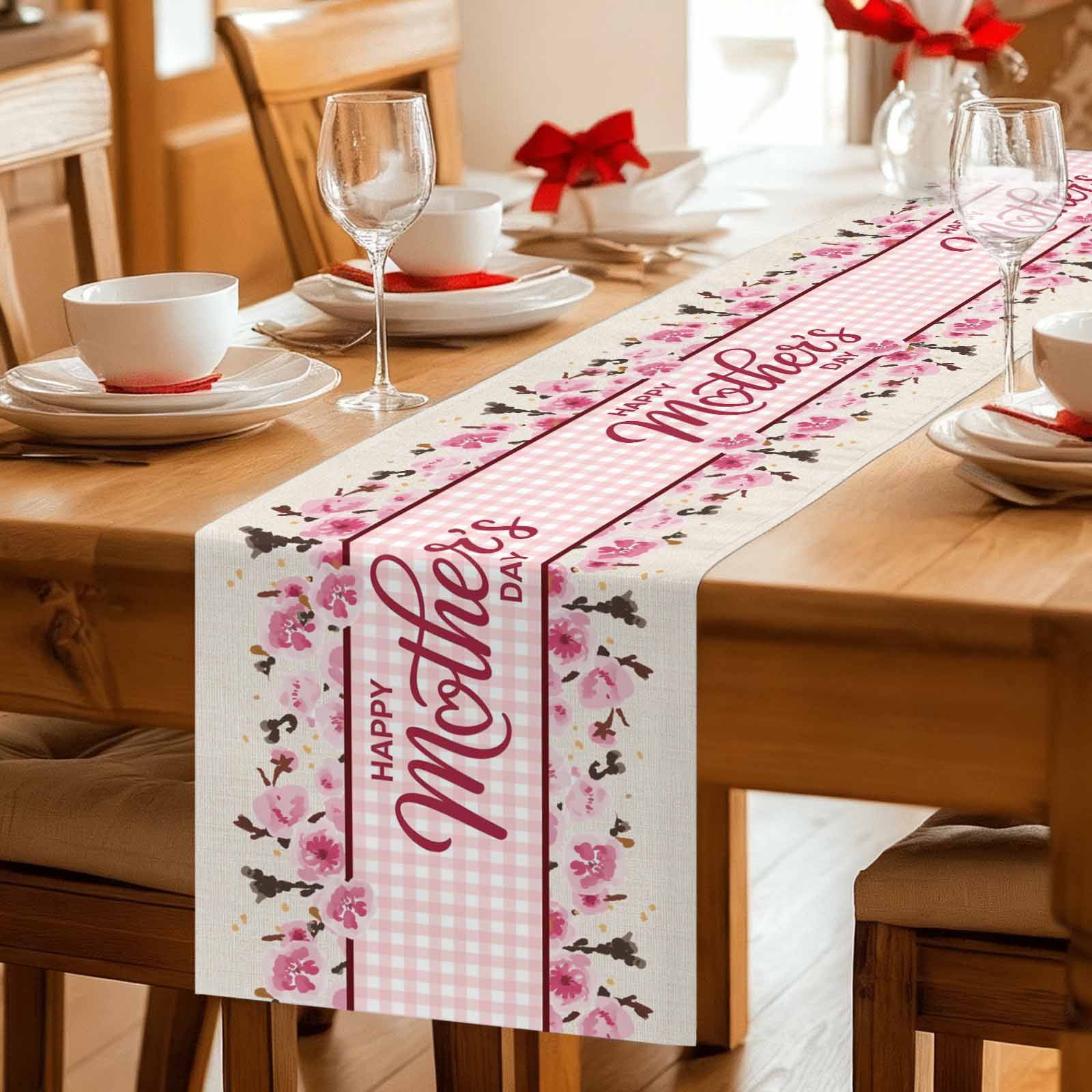 Happy Mother's Day Cotton Linen Table Runner for Dining Kitchen, Pink Floral Buffalo Plaid Burlap Wedding Outdoor Party Tablerunners Decoration, Dresser Scarf Coffee Tablecloth Runners 13x108 Inches
