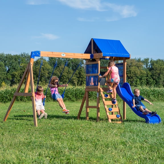 Backyard Discovery Aurora Cedar Wood Swing Set, Wave Slide, Play Deck, Rock Wall Ladder