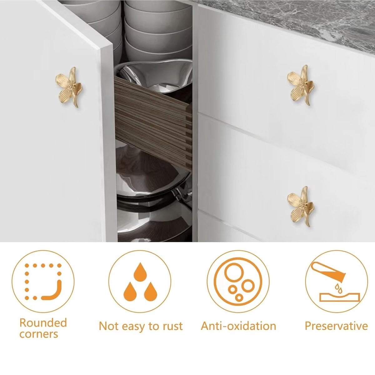 HDJNal Antique Flower Shaped Cabinet Knobs,Vintage Kitchen Zinc Alloy Shabby Chic Drawer Pull Handles for Dresser Vanity Nightstand Cupboard Wardrobe, 10 Pack (Golden）