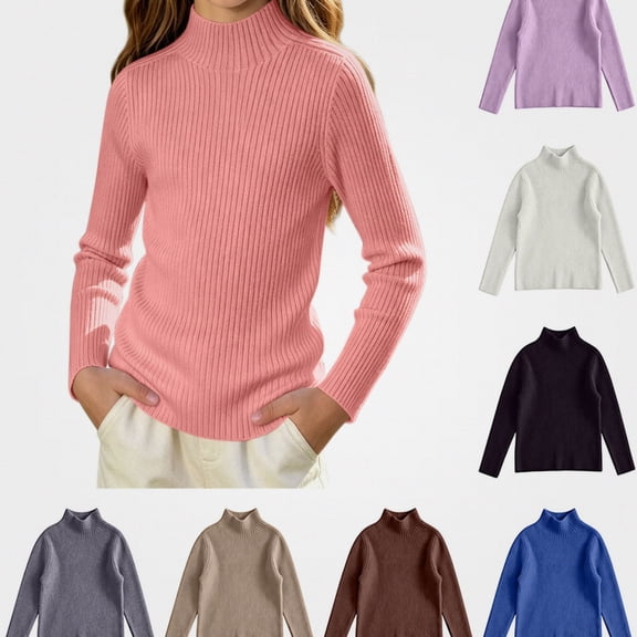 Afuyipoi Girls Ribbed Turtleneck Pullover Sweater 100% Cotton for Kids Size 0-12Y Fall Winter School Layering Pink Size 3T