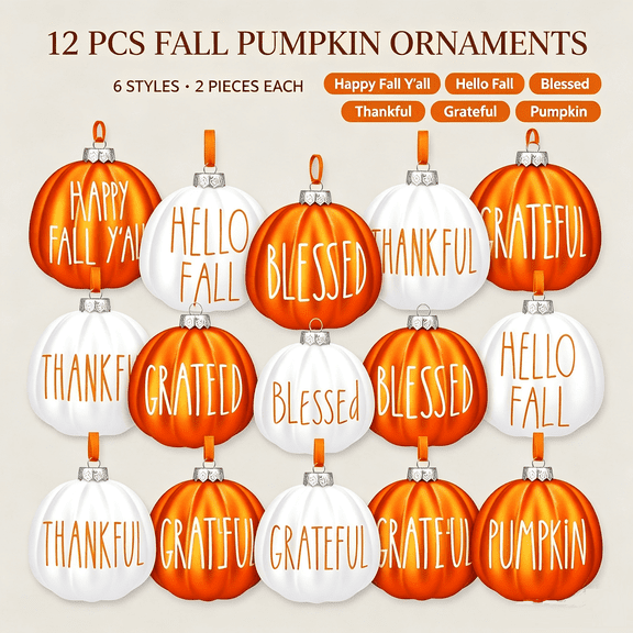 YAZHPA 12 Pcs Fall Ornaments for Tree Thanksgiving Tree Decorations Orange White Plastic Ball Harvest Hanging Ornaments Autumn Home Party Decor