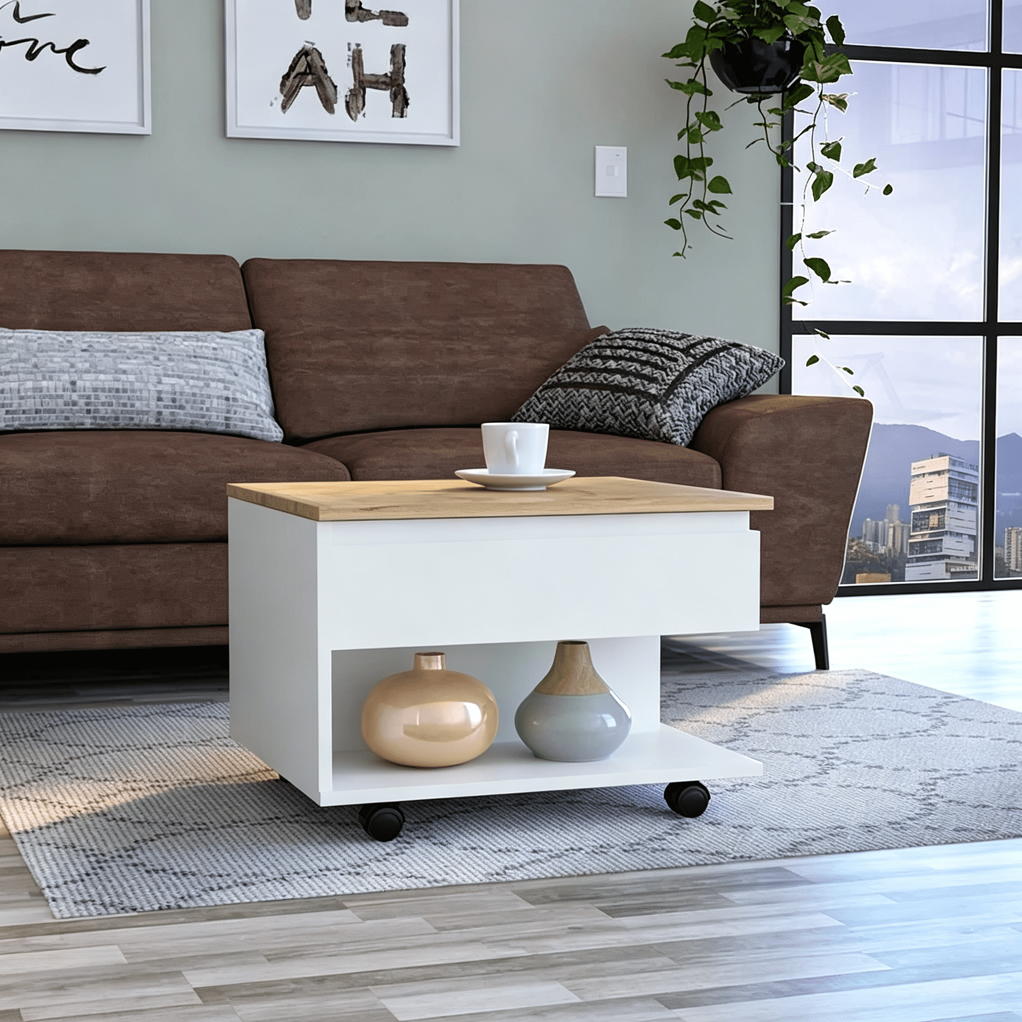 Asteroutdoor Luanda Lift Top Coffee Table with Casters and Shelf, 21.6 in W