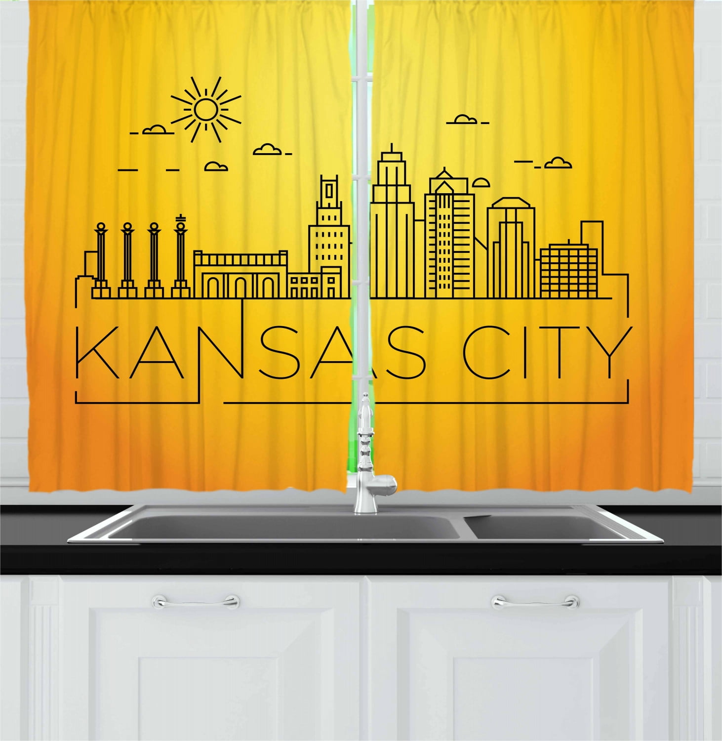 Kansas City Curtains 2 Panels Set, Minimal Kansas Missouri Linear City