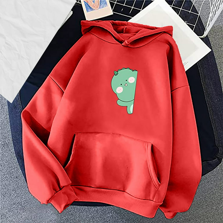 KIJBLAE Savings Women's Fashion Sweatshirt Pocket Drawstring Pullover Tops  Cute Dinosaur Graphic Print Casual Comfy Womens Hoodie Sweatshirt Trendy  Clothes for Women Red L 