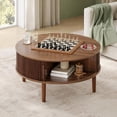 thumbnail image 6 of Round Lift Top Coffee Table, Modern Coffee Table with 180° Curved Sliding Door, Fluted Accent Coffee Tables with Hidden Storage and Open Shelves, for Living Room, Office, Walnut, 6 of 7