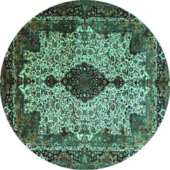 Ahgly Company Indoor Round Medallion Turquoise Blue Traditional Area Rugs, 8' Round