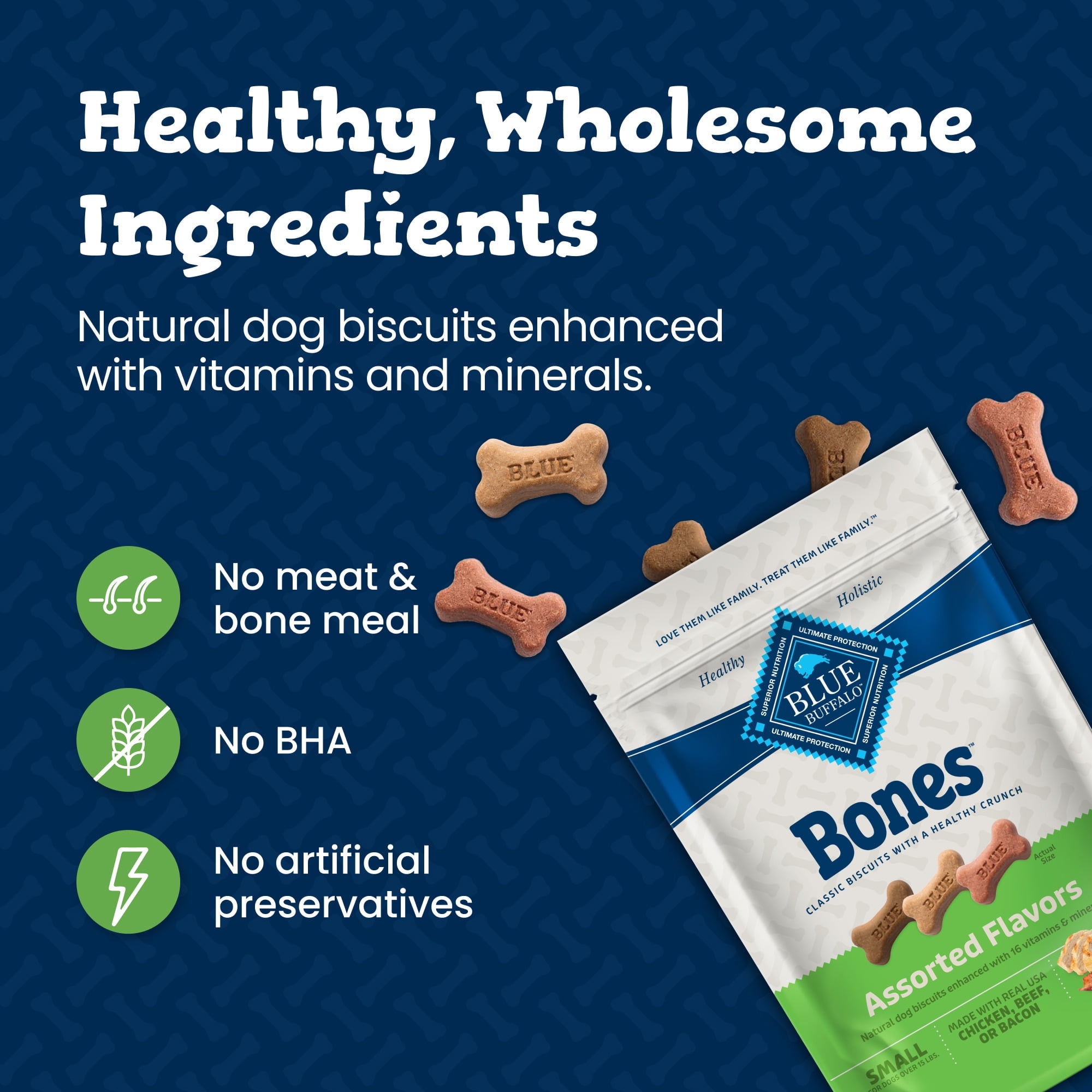 (6 pack) Blue Buffalo Bones Natural Dog Treats, Small Dog Biscuits, Assorted Flavors, 16-oz. Bag