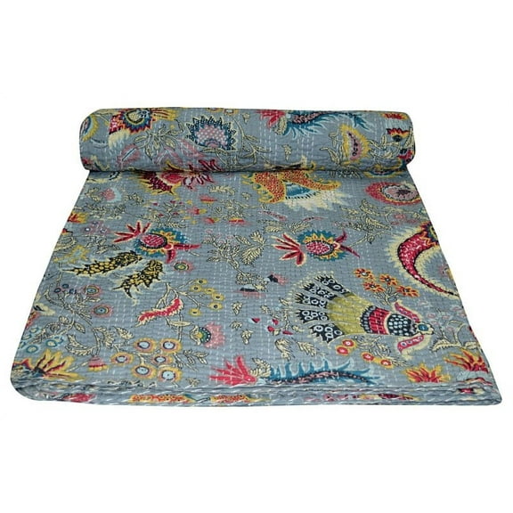 Ramdev Handicraft Kantha Quilt Twin Size Handmade Vintage Gray