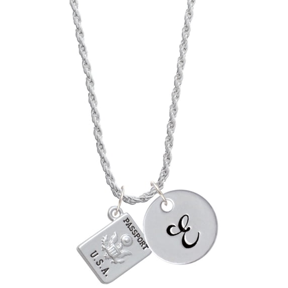 Delight Jewelry Silvertone U.S. Passport Silvertone Script Initial Disc - E - Charm Necklace, 20"+3"