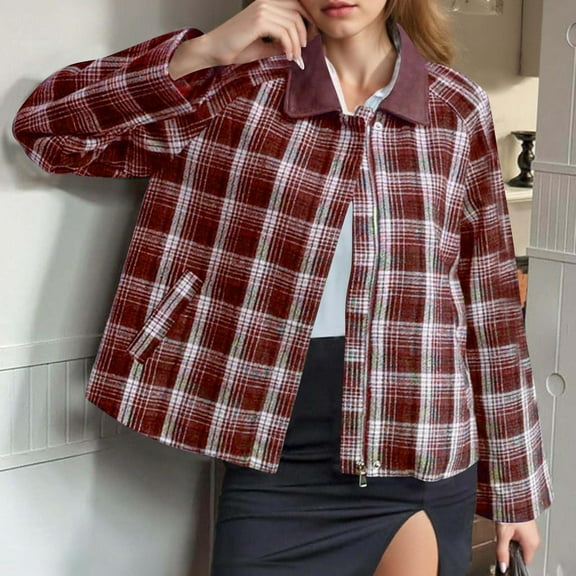 gbyLJF Wmens Plaid Printed Cardigan Long Sleeve Turndown Collar Jacket Casual Full Zip Jackets with Pockets Fall Winter Clothes