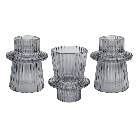 Mainstays Decorative Smoke Glass Ribbed Taper Tealight Candleholder, 3-Piece Set, 2.79"