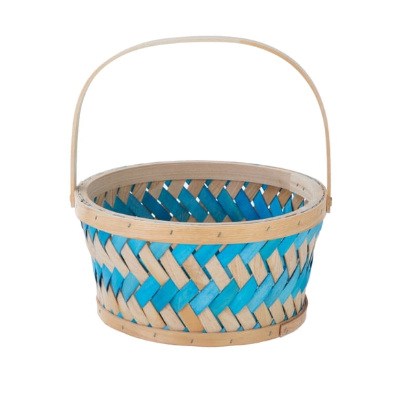 Round Woven Woodchip Basket, Brown and Blue, 10.25" x 5", Easter by Way To Celebrate
