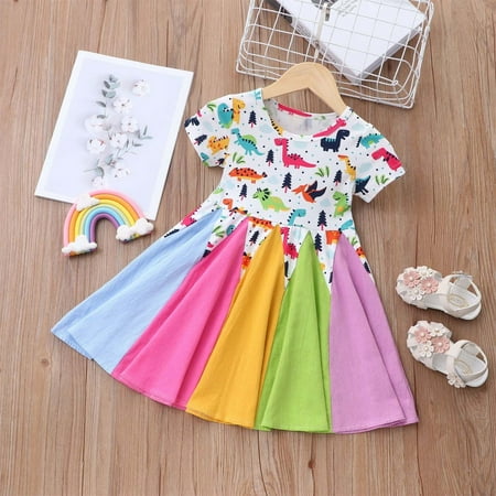 

Leutsin Girls and Toddler‘s Casual Dress Sets Summer Short sleeeve Cotton Sundress Tiered Rainbow Ruffle Dresses for girls(18M-6Y)