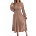 thumbnail image 3 of Womens Elegant Ruffled Long Sleeve Shirred Waist Pleated Maxi Dress for Women Flowy Bohemian Gown Khaki M, 3 of 9