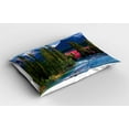 thumbnail image 2 of Ambesonne Landscape Pillow Sham 2 Pack, River Log Lake Village, 26"x20", Green Blue and Dark Pink, 2 of 3