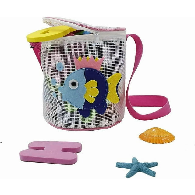 Beach Toy Storage Bag Cute Cartoon Pattern Shell Mesh Drum, Shell Bag, Kids Sandbox, Net Bag,Shelling Tools for Beach for Kids,Fish Pattern (There are