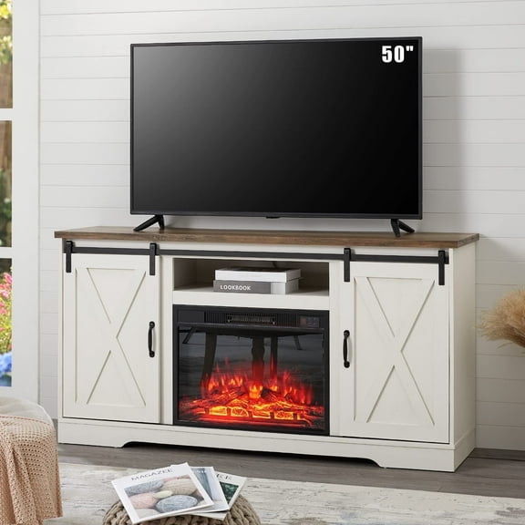 VANACC 59" Fireplace TV Stand Sliding Barn Door Wood Entertainment Center with a 23" Electric Fireplace Insert, Distressed White & Barnwood