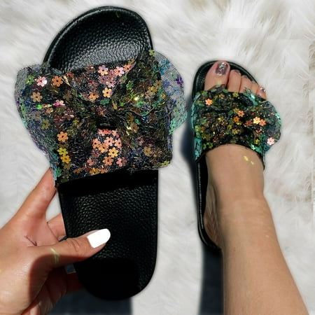 

Cathalem Womens Shoes Summer Breathable Mesh Bow Flower Glitter Slippers Fashion Flat Slippers Womens Slippers Fuzzy Black 7