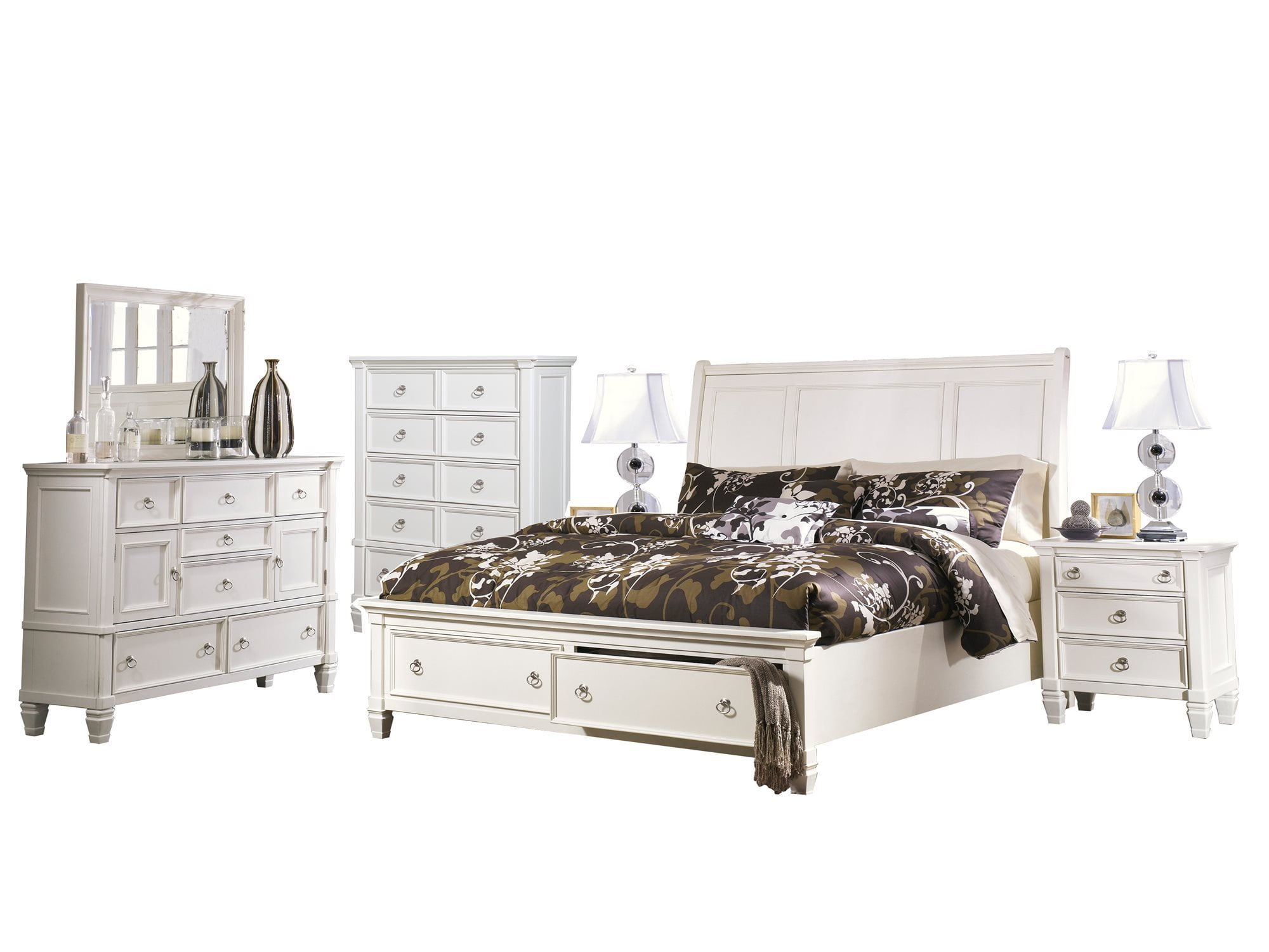 Ashley Furniture Pice 6 Pc Bedroom Set Queen Sleigh Bed Dresser Mirror 2 Nightstand Chest White