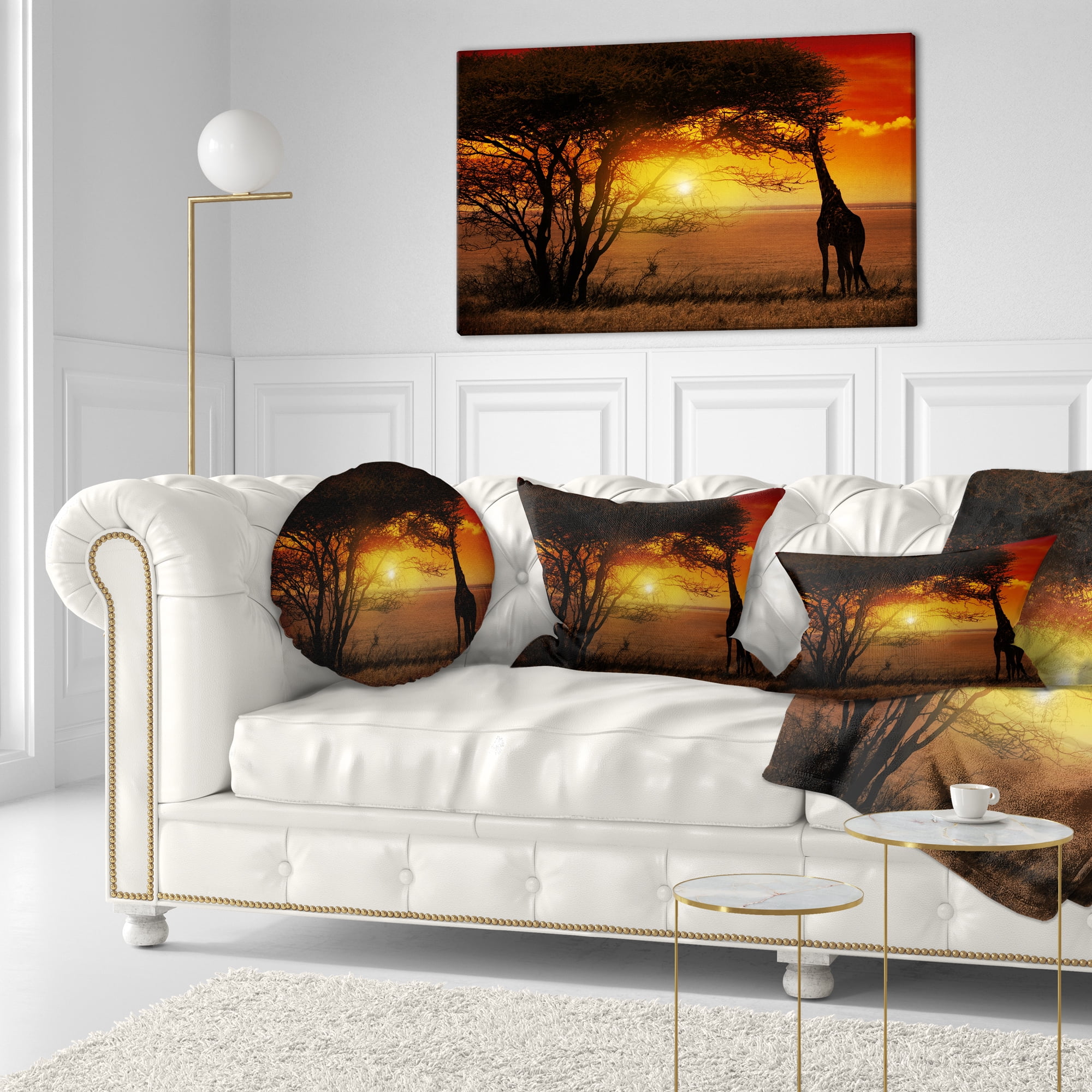 Designart Typical African Sunset with Giraffe - African Landscape Printed Throw Pillow - 12x20