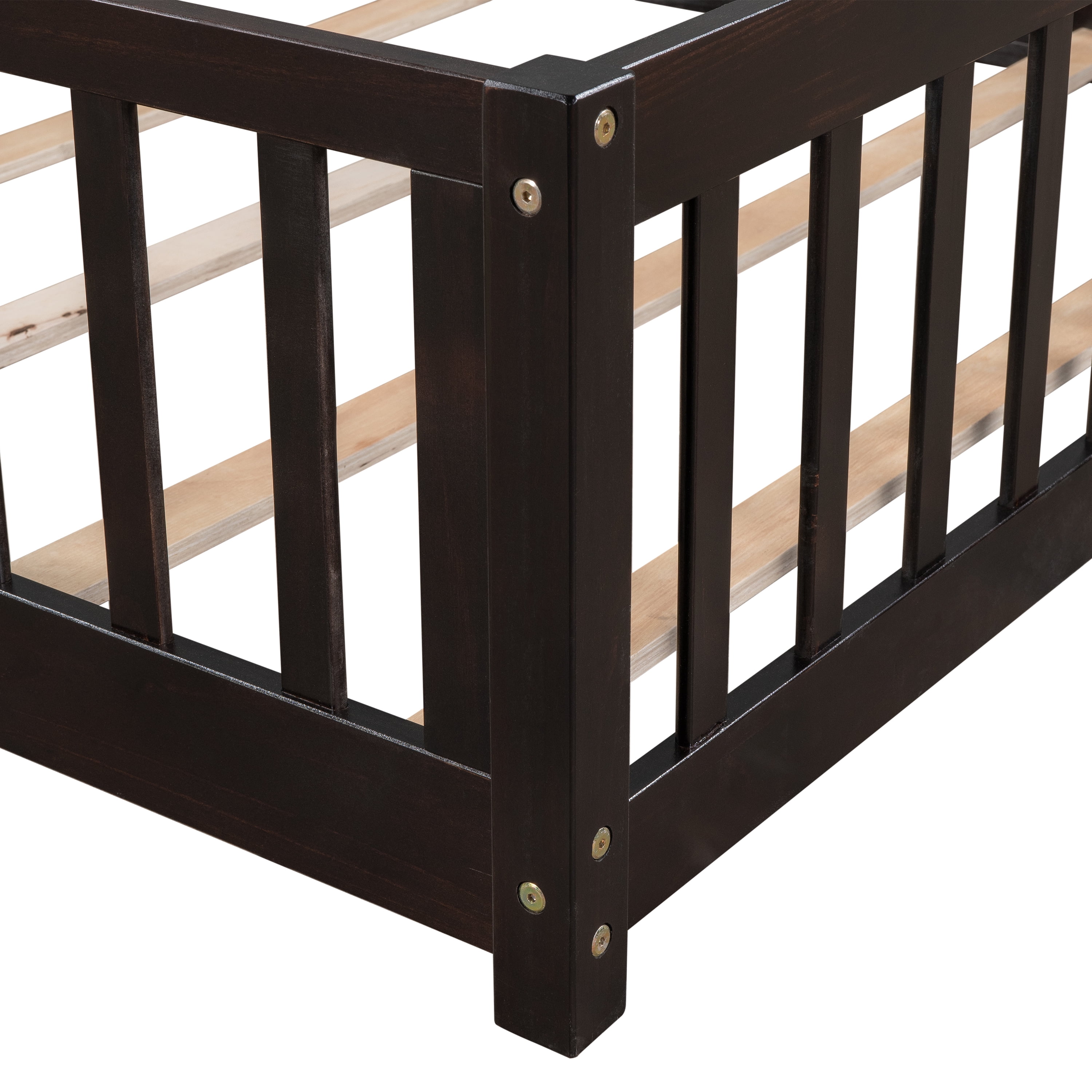 Bellemave Full Size Floor Beds with Door, Wood Montessori Bed with Fence Railings & Support Slats, No Box Spring Needed (Espresso)