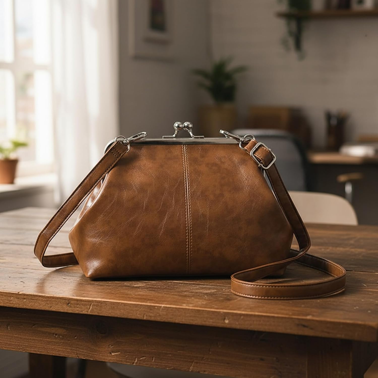 SPEKSEE Vintage Crossbody Bags for Women, Retro PU Leather Hobo Bag with Metal Kiss Lock, Large Brown Purse for Fall&Winter