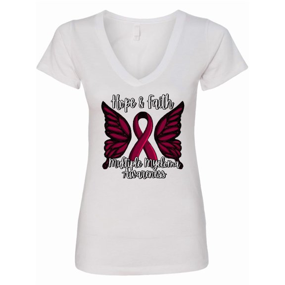 Inktastic Multiple Myeloma Cancer Awareness Hope & Faith with Butterfly Ribbon Women's V-Neck T-Shirt