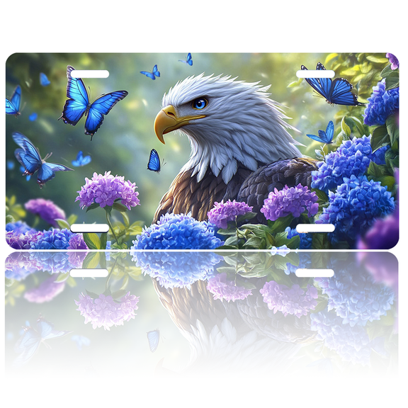 1 Pcs 2D Flat License Plate Covers & Frames, Eagle among Flowers For Decorative Front, Waterproof For Decoration Aluminum License Plate Covers & Frames Cover For Men Women, 12" X 6"