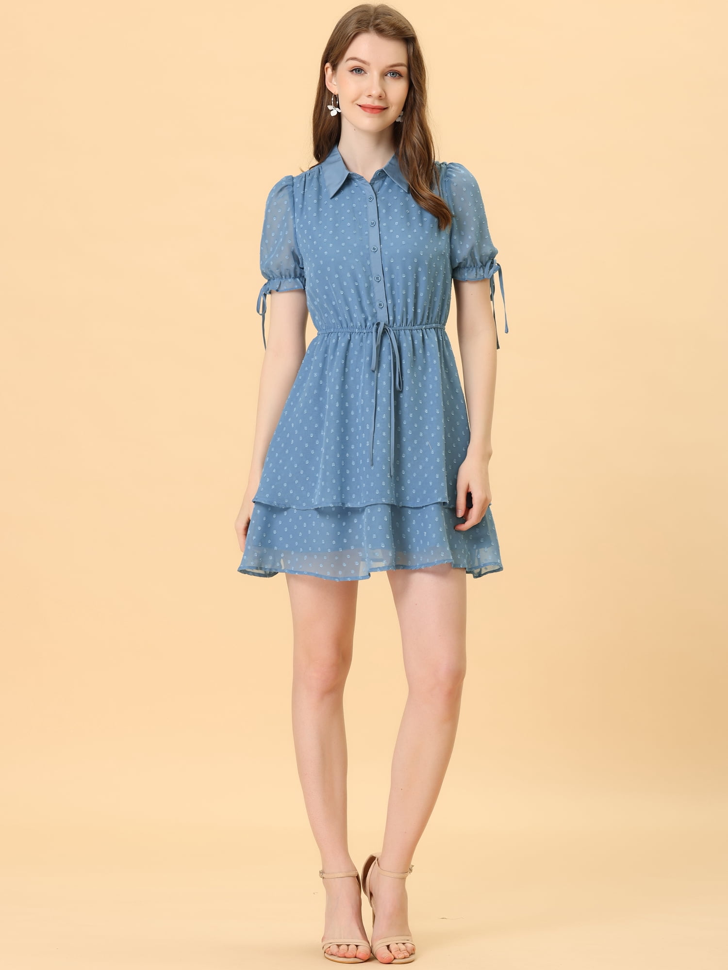 DARING DIVA Women's Gothic Collar Floral Drawstring Layered Chiffon Dress L Grey Blue