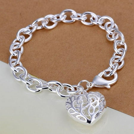 Fancy Puffed Heart - ON SALE - Large Fancy Scroll Puffed Heart Charm Bracelet Silver