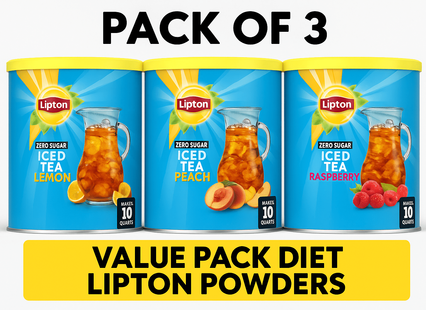 Lipton Diet Zero Sugar Iced Tea Variety Bundle – Lemon, Peach & Raspberry, 10 Qt Each, 3-Pack (Total 30 Qt) | No Sugar, Kosher, Black Tea Powder