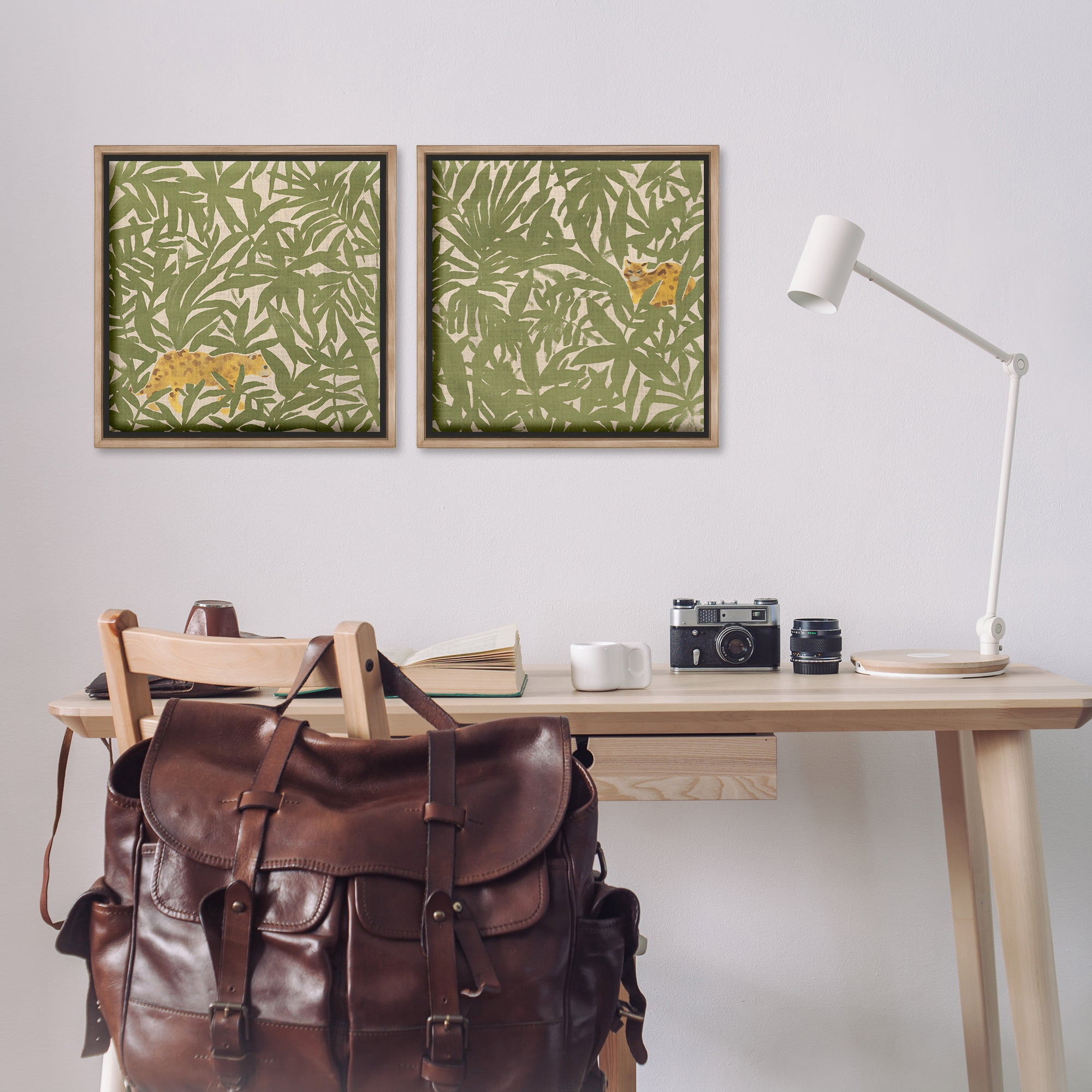 Stupell Industries Hunting Jungle Cat Plants & Flowers Painting Brown Floater Framed Canvas Art Print Wall Art, 18 x 18, Set of 2