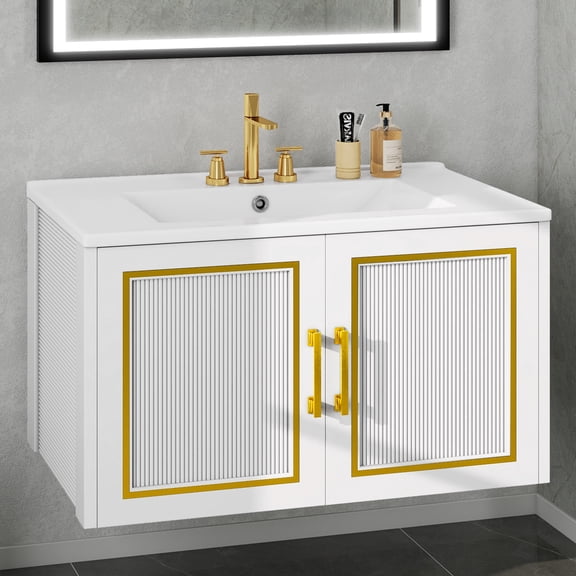 Dextrus 30" Inch Wall Mounted Bathroom Vanity with Sink, Modern Floating Bathroom Sink Storge Cabinet, White & Gray