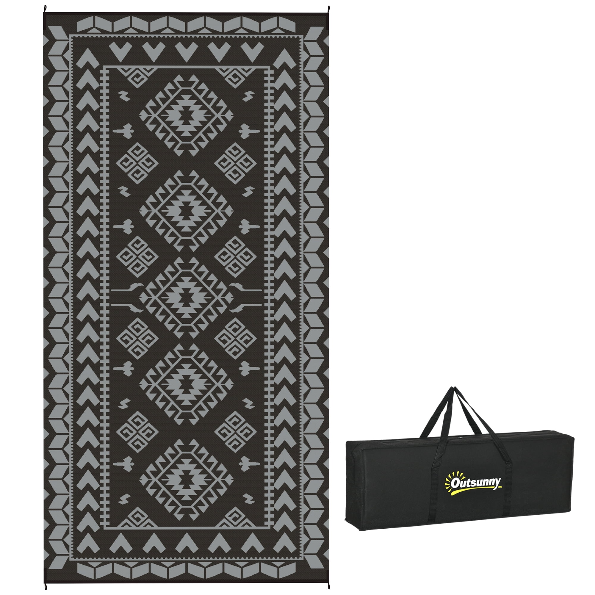 Outsunny Outdoor Patio Rug, Large Camping Carpet with Carrying Bag, 9' x 18' Waterproof Plastic Straw, Reversible, Black & Gray Rhombus Patchwork
