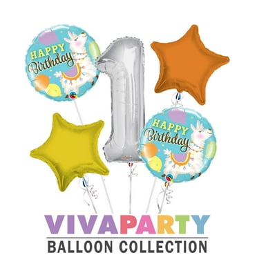 Happy Birthday Llama Round Balloon Bouquet 5 pc, 1st Birthday, Silver Number 1 Jumbo Balloon | Viva Party Balloon Collection