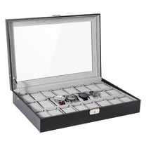Uten 24-Slot Luxury Watch Box for Men, PU Leather Display Case with Large Glass Top & Gray Lining for Watch Collection & Storage, Black