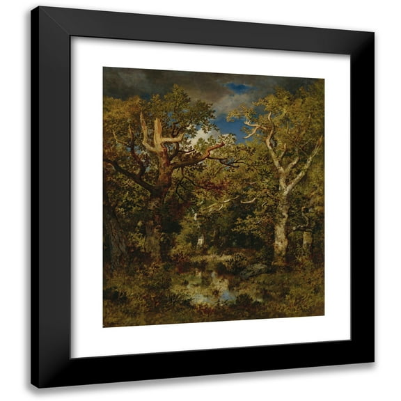 Narcisse-Virgile Diaz de La Peña 12x14 Black Modern Framed Museum Art Print Titled - Pond in Fôret, Half-Mort Oak (1871)
