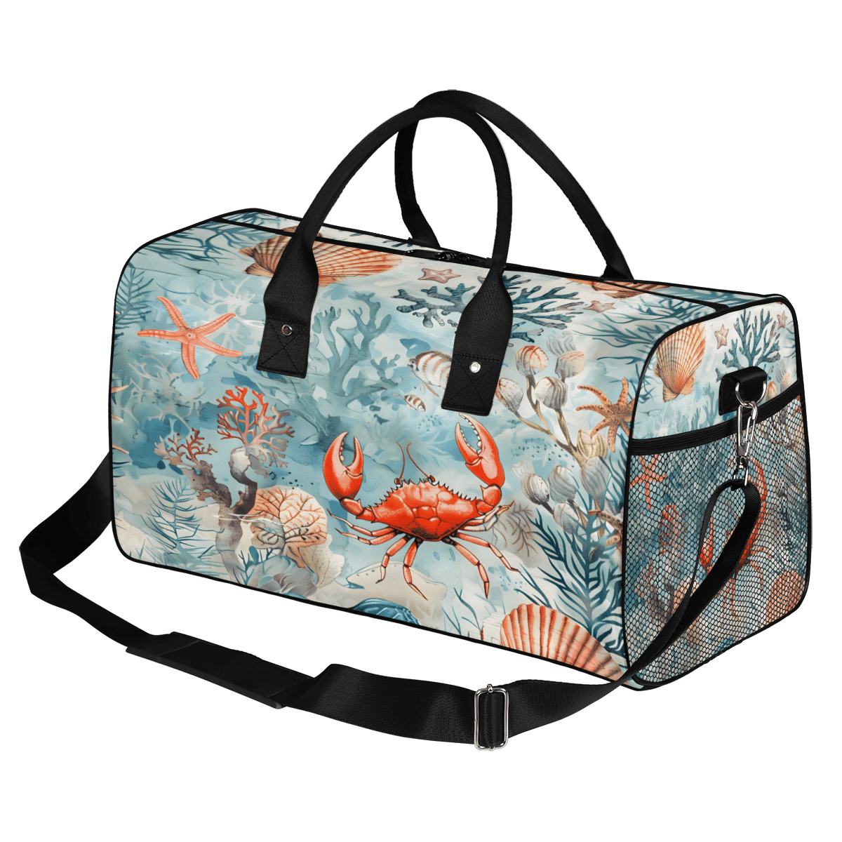Herdesigns Shells Starfish Crab Gym Duffle Bag for Men Women, Travel Sports Bag Waterproof Lightweight Weekend Carry On Tote